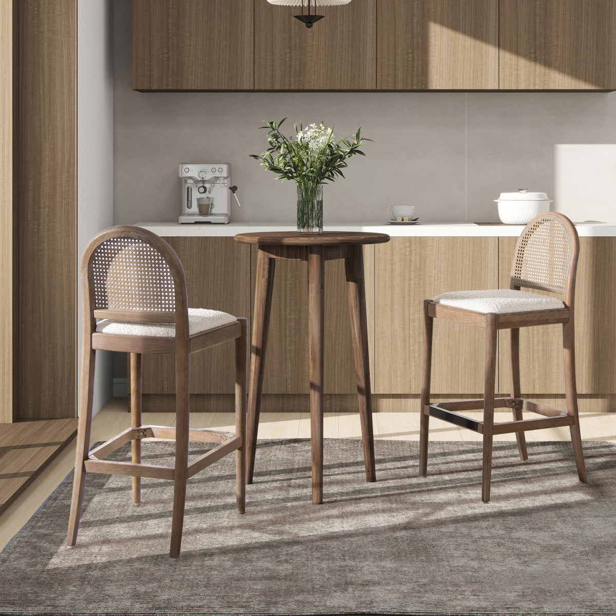 Neptune 30.5" Curved Back Cane Rattan Bar Stool, Set of 2, Ivory White Boucle