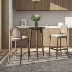 Neptune 30.5" Curved Back Cane Rattan Bar Stool, Set of 2, Ivory White Boucle