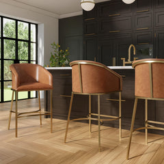 31" Modern Bar Stool , Tobacco Brown Faux Leather with Gold Steel Frame, 1PC