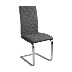 Quasar Contemporary Style Side Chairs Set of 2, Gray Faux Leather Diamond Pattern Stitching Chrome Metal Finish Dining Room Furniture