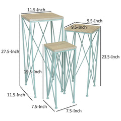 Odysseus 3pc Nesting Plant Stand Table, Brown Wood Top, X Cross Blue Metal