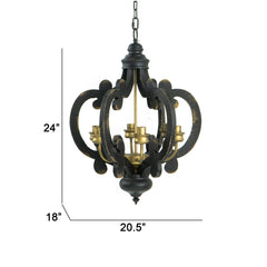 Saga 21 Inch Carved Wood Chandelier, 6 Lights, Vintage Classic, Black, Gold