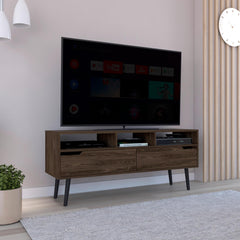 Tv Stand for TV´s up 52", Three Open Shelves, Two Flexible Drawers, Dark Walnut