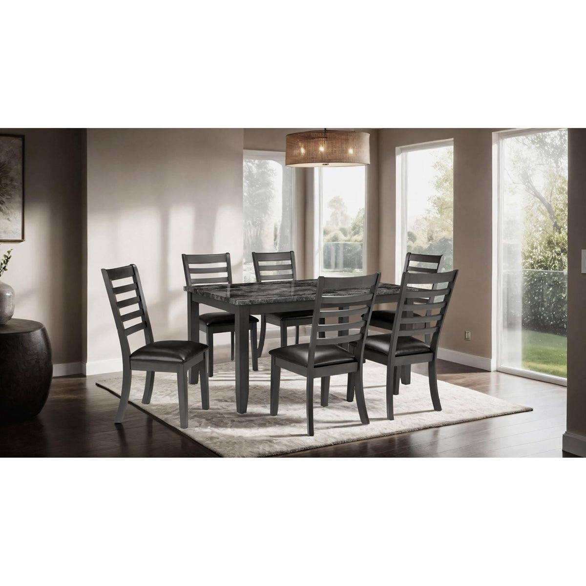 Agamemnon Classic Dark Gray 7pc Dining Set Faux Marble Top Dining Table 6xSide Chairs Leatherette Seats Dining Room Furniture
