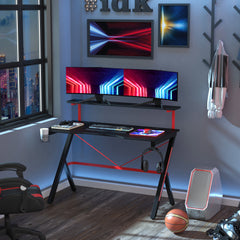 47 Inch Gaming Desk Racing Computer Desk Home Office Workstation with Elevated Monitor Shelf Rotatable Cup Holder Headphone Hook, Black
