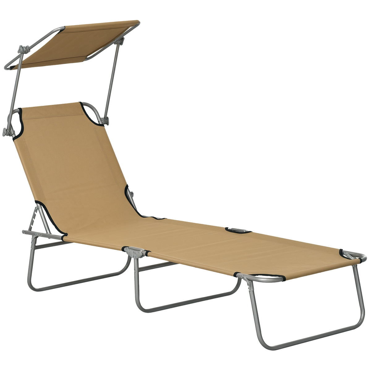Outdoor Pool Chaise Lounge Chair, Folding Tanning Chair with Sun Shade, Tan