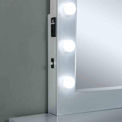Contemporary Style 1pc Vanity w/ Stool Set Glass Top Storage Drawers Central Mirror w/ Bulbs USB And Power Outlet White and Gray Finish