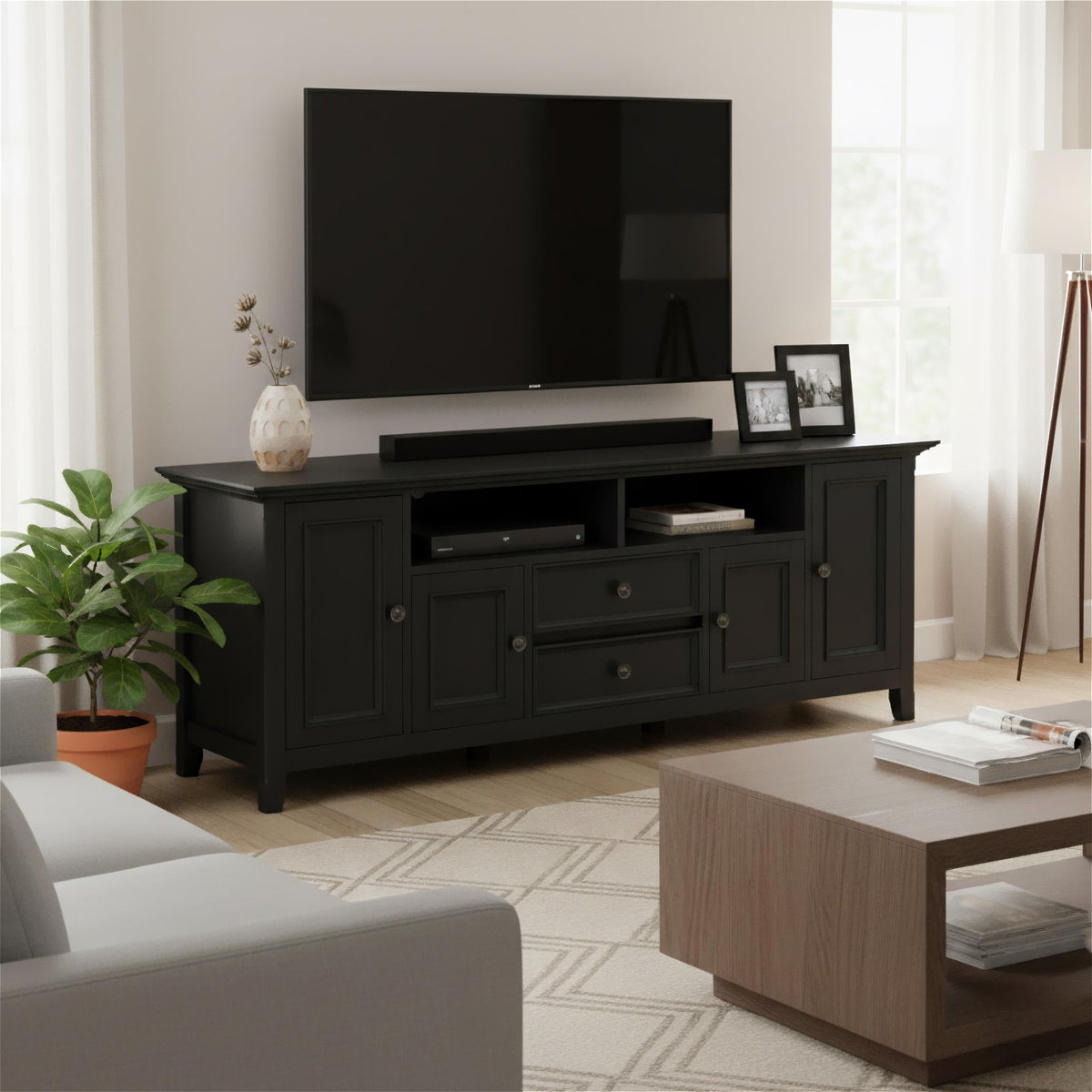 Atlas 72 inch Wide Solid Wood TV Stand in Black For TVs up to 80 inches