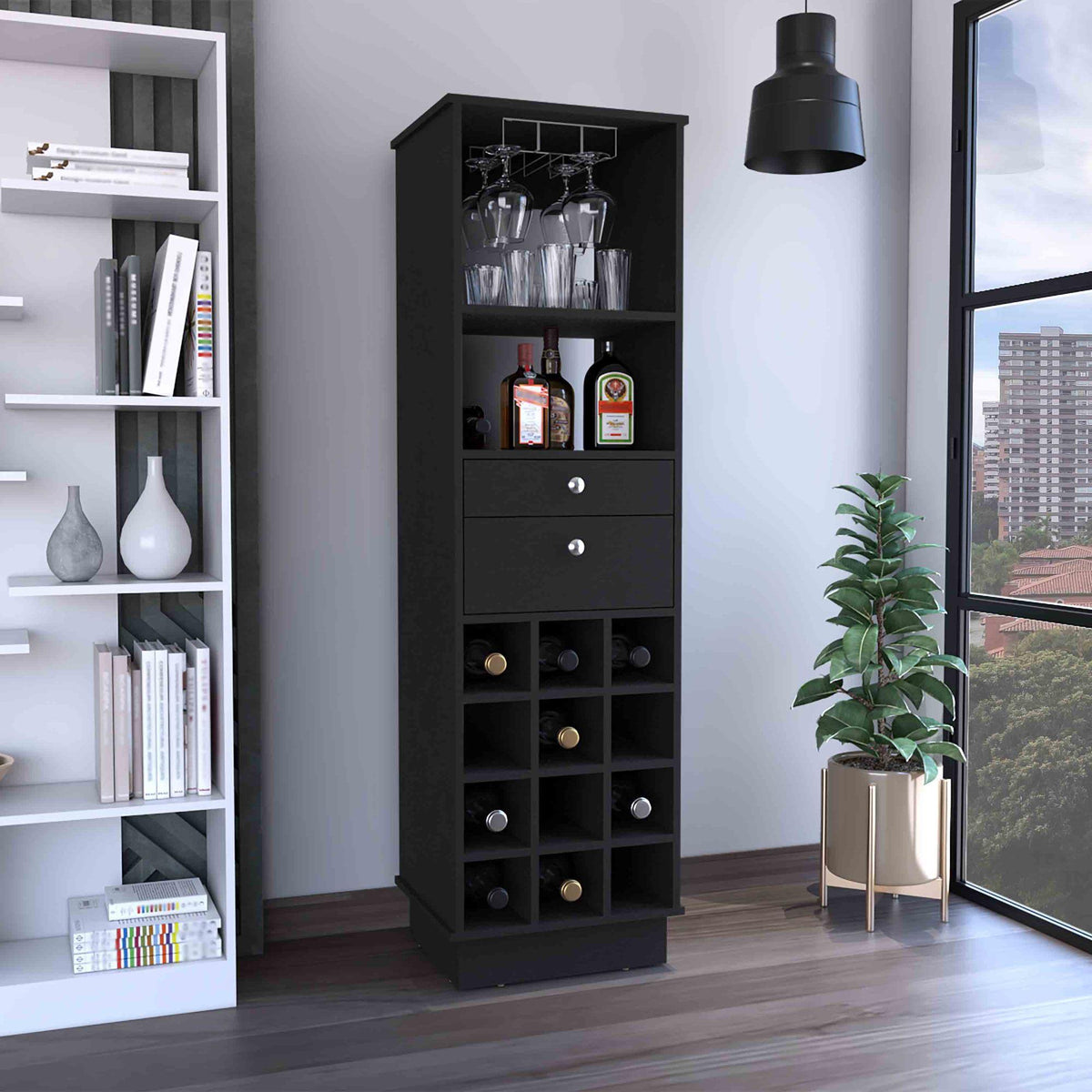 CASSANDRA E-SHOP Zircon Bar Cabinet Two Drawers, Black