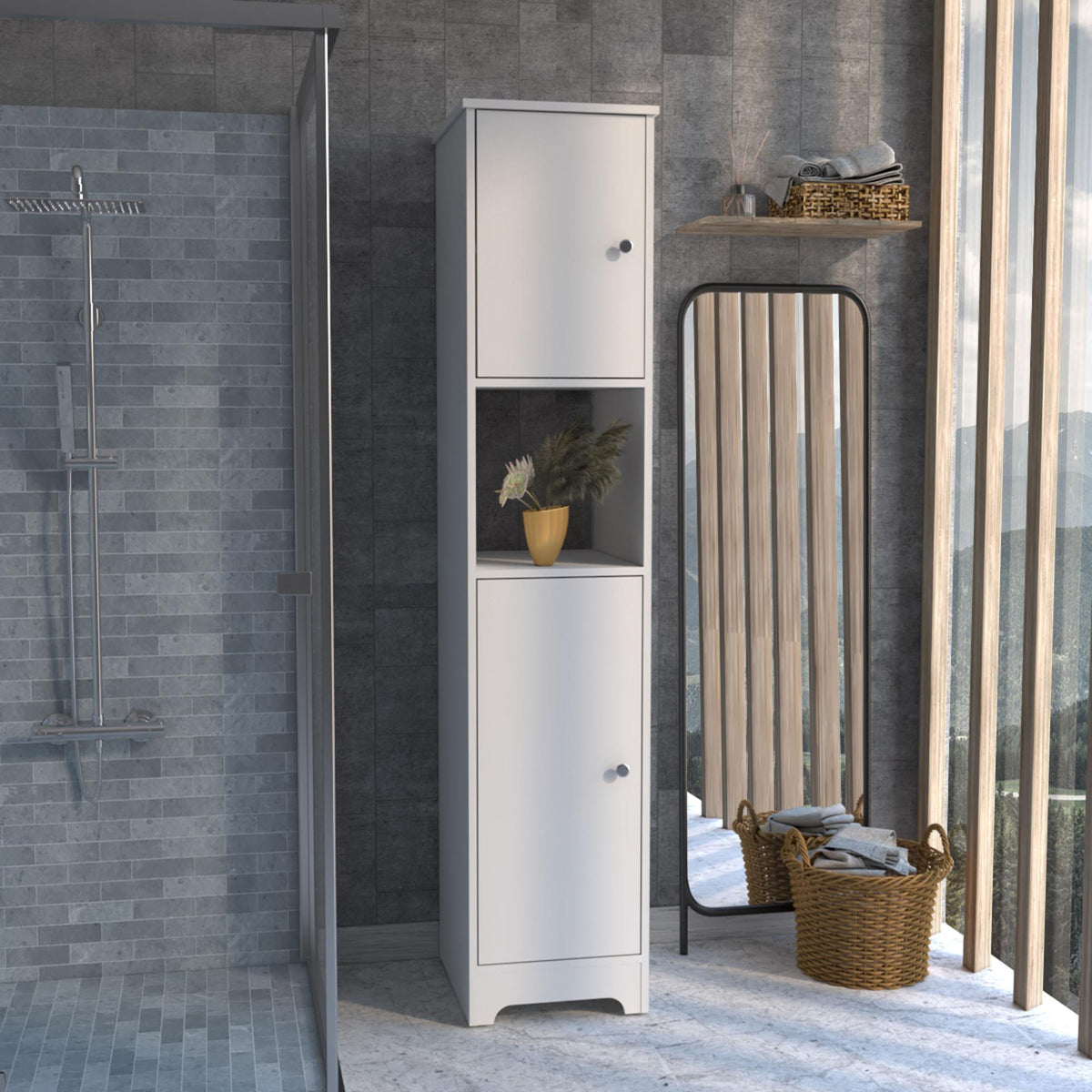 Arcadia Door Cabinet 69" H, Four Interior Shelves, One Open Shelf, White