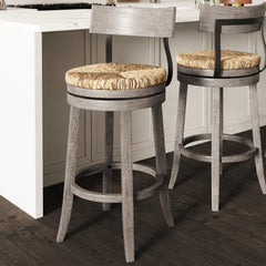 31" Wood Bar-Height Bar Stool with Natural Seagrass Seat, Reclaimed Gray, 1PC