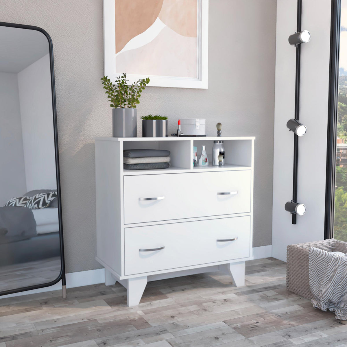 Armageddon Two Drawer Dresser, Two Open Shelves, Superior Top, Four Legs -White