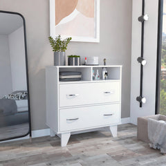 Armageddon Two Drawer Dresser, Two Open Shelves, Superior Top, Four Legs -White