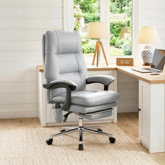 Massage Office Chair with 6-Point Vibration, Pet-Friendly Faux Leather Ergonomic Executive Desk Chair, Light Gray