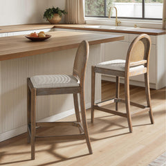 Neptune 26.5" Curved Back Cane Rattan Counter Stool, Set of 2, Two-Tone Neutral Gray Polyester Wool Blend