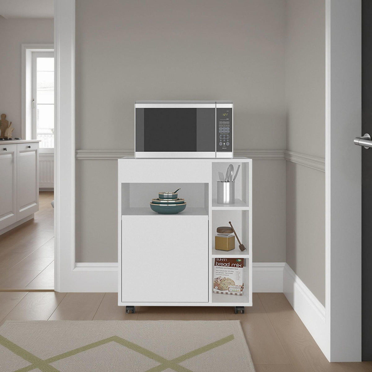 Helen Microwave Cart and Cabinet, Freestanding Compact Sideboard with One Door Cabinet, Appliance Surface, 3 Side Open Shelves and One Open Upper Shelf, White