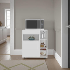 Helen Microwave Cart and Cabinet, Freestanding Compact Sideboard with One Door Cabinet, Appliance Surface, 3 Side Open Shelves and One Open Upper Shelf, White