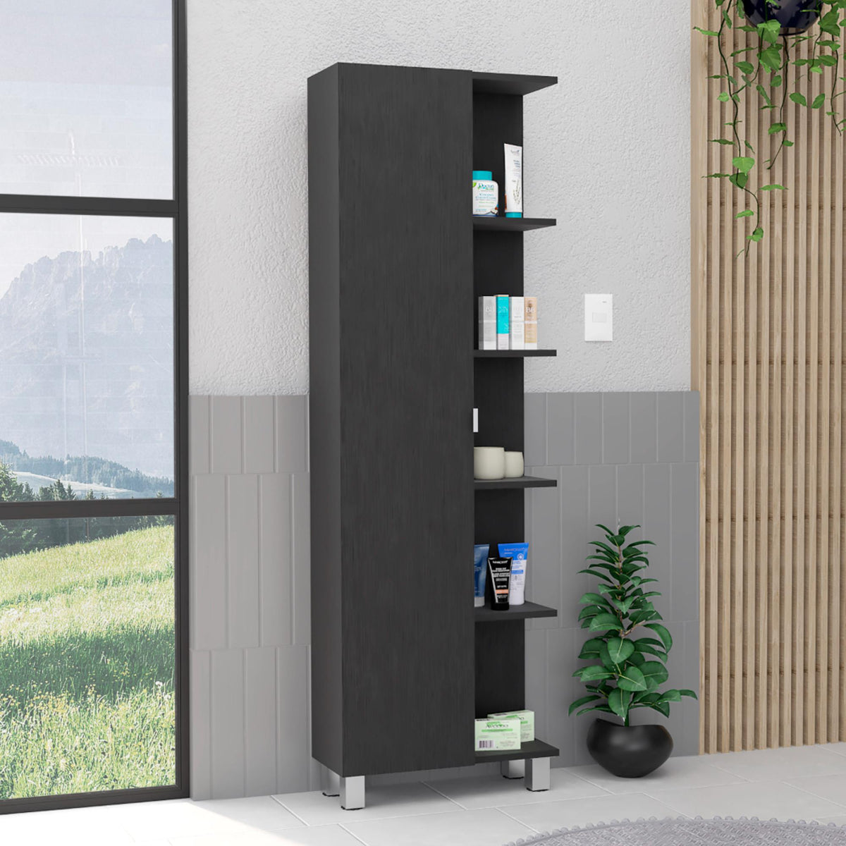 Linen Single Door Cabinet 62" H, Five External Shelves, Four Interior Shelves, Black