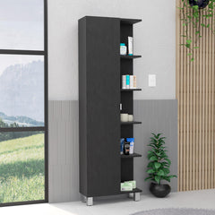 Linen Single Door Cabinet 62" H, Five External Shelves, Four Interior Shelves, Black