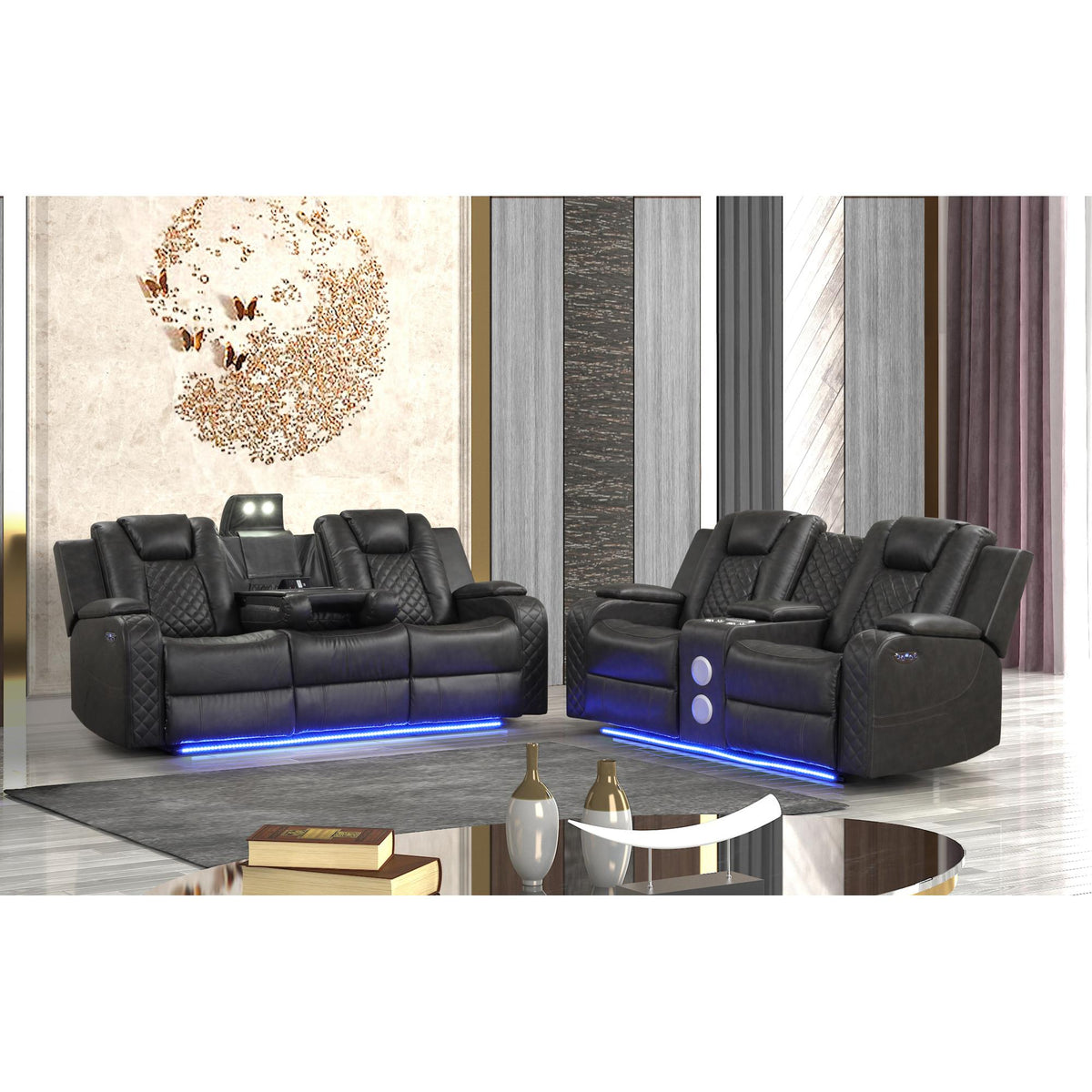 Waltz LED & Power Recliner 2 PC Made With Faux Leather in Gray