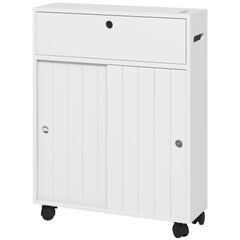Toilet Paper Cabinet, Slim Bathroom Cabinet with 4 Rolling Wheels, Small Bathroom Storage Cabinet with Paper Holes, Sliding Doors and Adjustable Shelf for Small Space, White