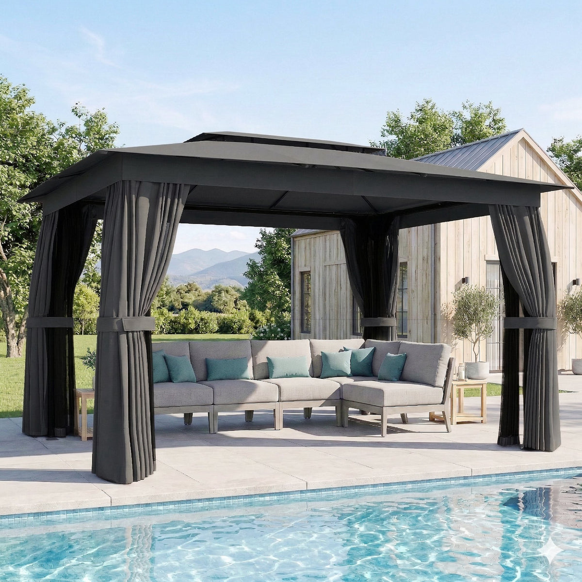 10' x 12' Outdoor Patio Gazebo, Soft Top Gazebo Canopy Shelter with Curtains, Netting, Steel Frame, Hooks, Dark Gray