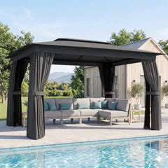 10' x 12' Outdoor Patio Gazebo, Soft Top Gazebo Canopy Shelter with Curtains, Netting, Steel Frame, Hooks, Dark Gray