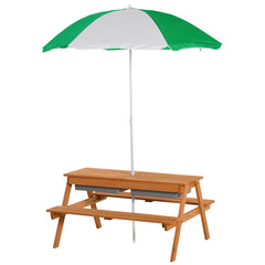 Kids 3 in 1 Sand and Water Table, Wooden Outdoor Convertible Picnic Table with Umbrella and Storage Inside, Bench Backyard Furniture for Garden, Patio, or Balcony