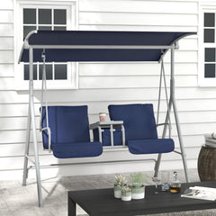 2-Seater Outdoor Porch Swing with Canopy and Table, Patio Swing Chair for Garden, Poolside, Backyard, Dark Blue