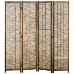 Hand Woven Room Divider, 4 Panel Folding Privacy Screen, Indoor Reed Partition Wall, 63"x67"x0.75", Brown