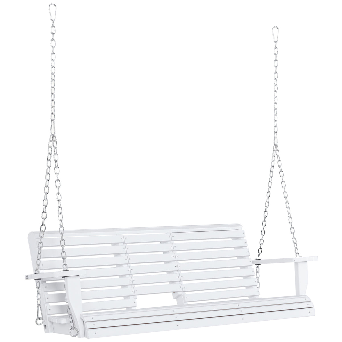 3-Seater Wooden Porch Swing, Patio Swing Bench with Folding Coffee Table, Cup Holders and Chains Included, 440lbs Weight Capacity, White