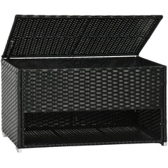 Outdoor Deck Box & Shoe Storage, PE Rattan Wicker Towel Rack with Liner for Indoor, Outdoor, Patio Furniture Cushions, Pool, Garden Tools, Black