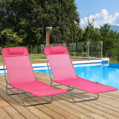 2 Piece Folding Chaise Lounge Chairs, Pool Sun Tanning Chairs with Reclining Back, Breathable Mesh Seat, Pink