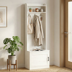 Narrow Hall Tree with Shoe Storage Bench, Rustic Entryway Bench with Coat Rack, Accent Coat Tree with Storage Shelves for Hallway, Mudroom, White Wood Grain