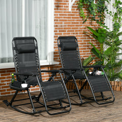 2 Outdoor Rocking Chairs Foldable Reclining Zero Gravity Lounge Rockers w/ Pillow Cup & Phone Holder, Black