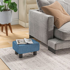Ottoman Foot Rest, Small Foot Stool with Linen Fabric Upholstery and Plastic Legs, Cube Ottoman for Living Room, Blue