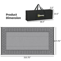 RV Mat, Outdoor Patio Rug / Large Camping Carpet, 9' x 18', Waterproof Plastic Straw, Reversible, Black & Gray Border