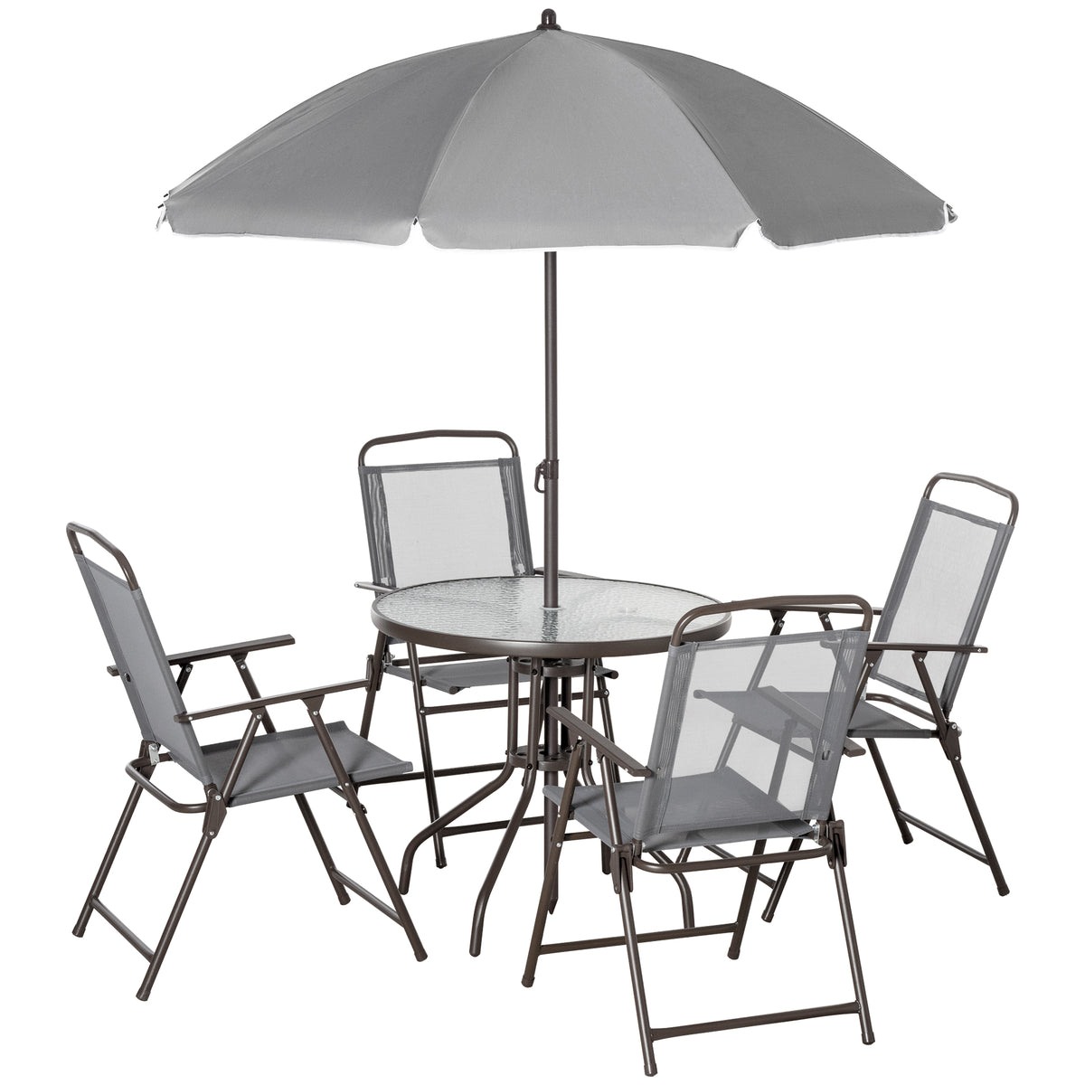 6 Piece Patio Dining Set for 4 with Umbrella, with 4 Folding Dining Chairs & Round Glass Table for Garden, Gray