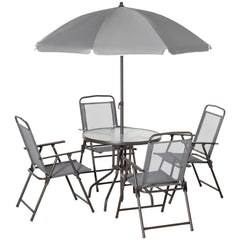 6 Piece Patio Dining Set for 4 with Umbrella, with 4 Folding Dining Chairs & Round Glass Table for Garden, Gray