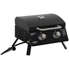 2 Burner Folding Tabletop Gas BBQ Grill w/ Lid, Thermometer, Carbon Steel, Black