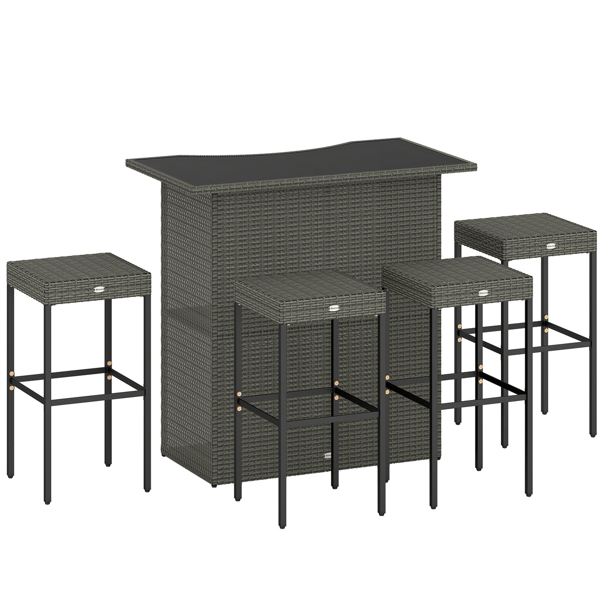 5 Piece Rattan Wicker Bar Set, High Top Outdoor Table and Chairs, Bar Height Patio Set, 2 Shelves & 4 Bar Stools, Gray