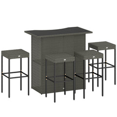 5 Piece Rattan Wicker Bar Set, High Top Outdoor Table and Chairs, Bar Height Patio Set, 2 Shelves & 4 Bar Stools, Gray