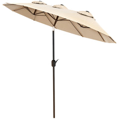Double Sided Patio Umbrella, 9.7' Large Outdoor Market Umbrella with Push Button Tilt and Crank, 3 Air Vents and 12 Ribs, for Garden, Deck, Pool, Brown