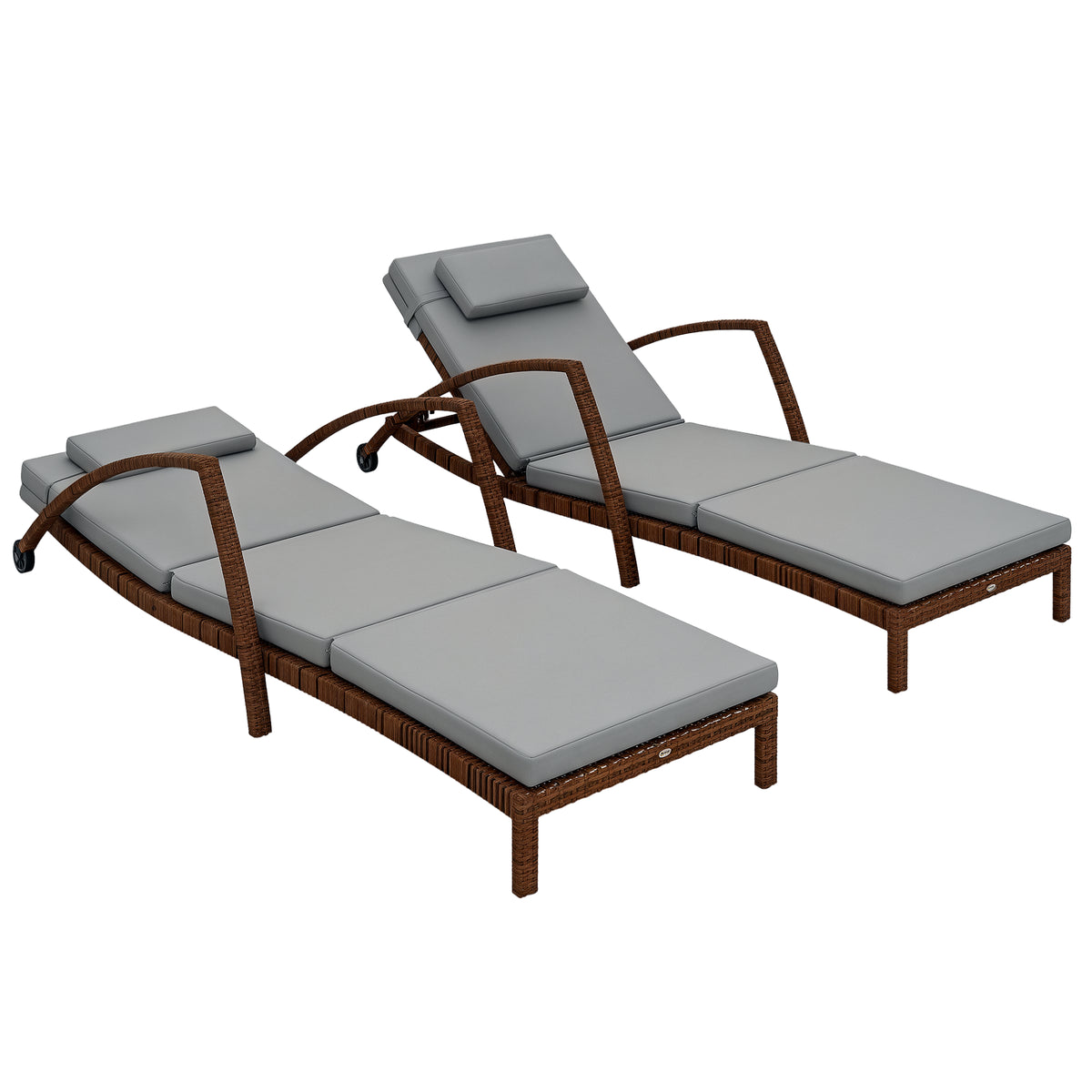 Set of 2 Wicker Chaise Lounge Chair Outdoor Patio Lounger with 5 Adjustable Back, Wheels, Cushion, and Armrests, Gray