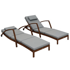 Set of 2 Wicker Chaise Lounge Chair Outdoor Patio Lounger with 5 Adjustable Back, Wheels, Cushion, and Armrests, Gray