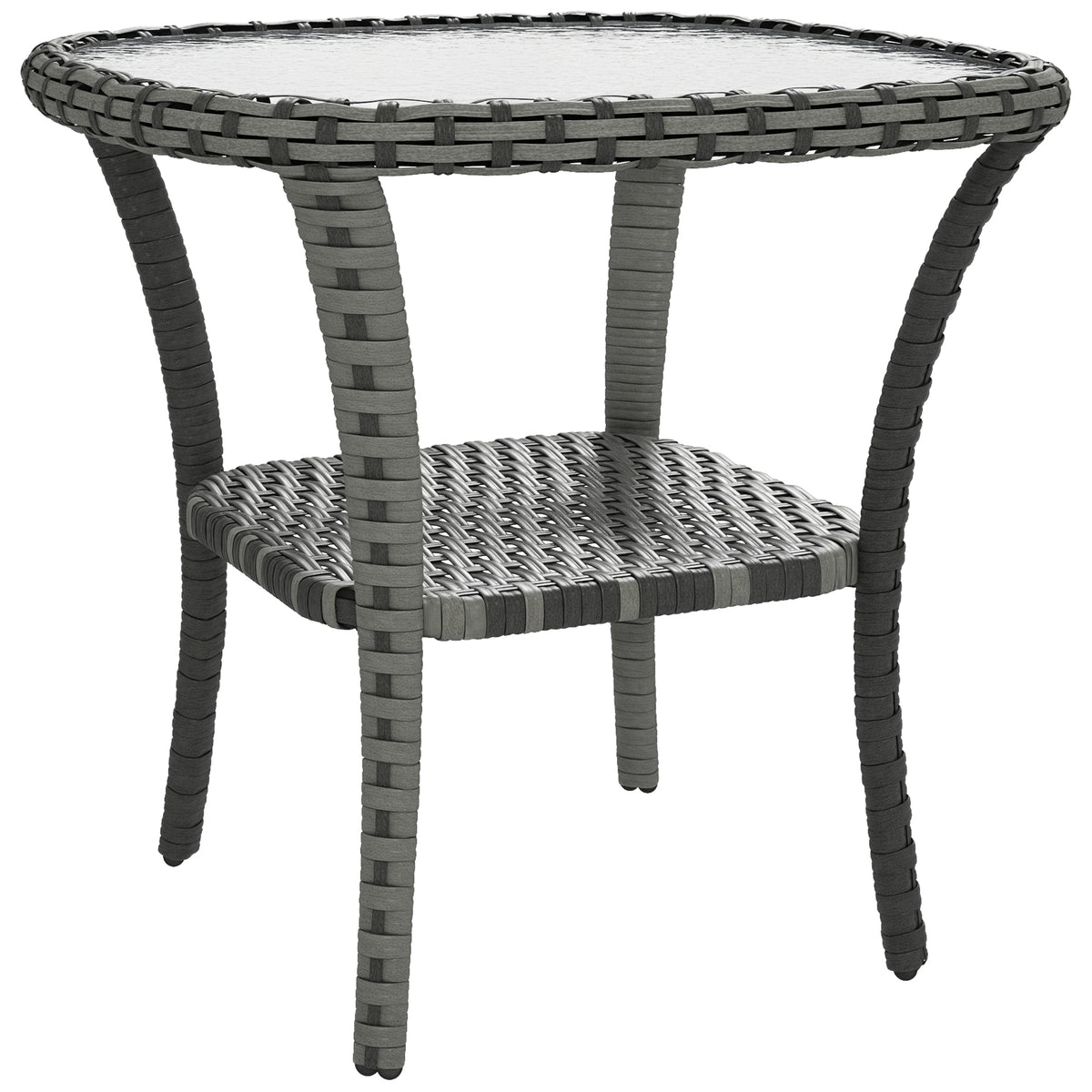 Outdoor Coffee Table with Storage Shelf, Hand-Woven Wicker Side Table with Water-Ripple Glass Top, Mix Gray