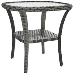 Outdoor Coffee Table with Storage Shelf, Hand-Woven Wicker Side Table with Water-Ripple Glass Top, Mix Gray