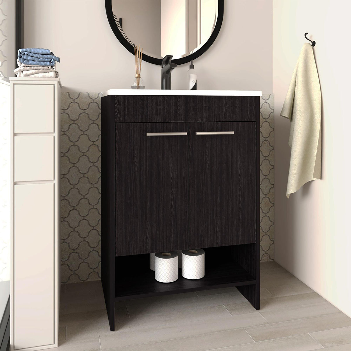 Hector Floor Vanity With Four Drawers And Two Open Shelves, Black
