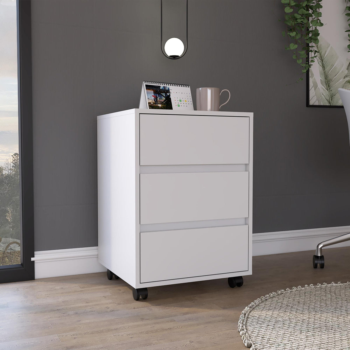 Log 3 Drawer Filing Cabinet, Four Casters, Superior Top -White