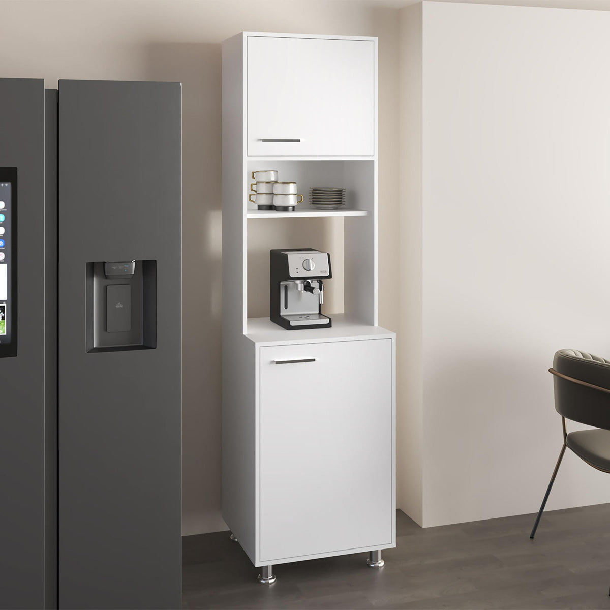 Waltz Kitchen Pantry Cabinet With Two Doors, Open Middle Shelf And Upper Storage, White